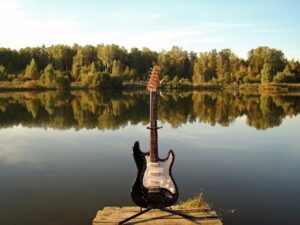 en elgitarr på en skogsbrygga